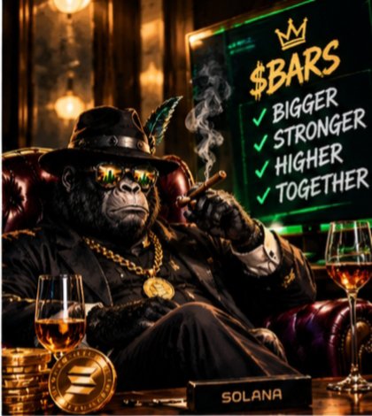 A promotional image features an anthropomorphic gorilla in a suit and hat smoking a cigar, with text reading '$BARS BIGGER, STRONGER, HIGHER, TOGETHER' next to a Solana logo.