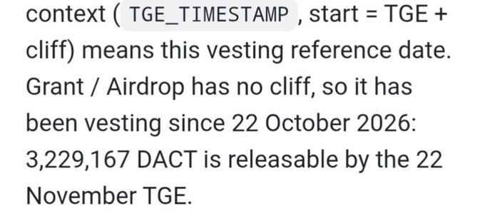 A text excerpt about token vesting says: “context ( TGE_TIMESTAMP, start = TGE + cliff) means this vesting reference date. Grant / Airdrop has no cliff, so it has been vesting since 22 October 2026: 3,229,167 DACT is releasable by the 22 November TGE.”
