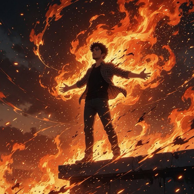 The image features a man standing on top of a building, surrounded by flames that are burning brightly around him. The fire appears to be consuming everything in its path, including the man's clothing. The man seems to be in awe or admiration for the fiery spectacle before him.