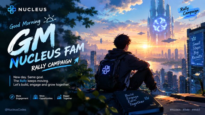 A promotional graphic for Nucleus titled "GM Nucleus Fam Rally Campaign" featuring an anime-style illustration of a figure overlooking a futuristic city, with hashtags @NucleusCodes, #Nucleus, #Rally, #Web3.