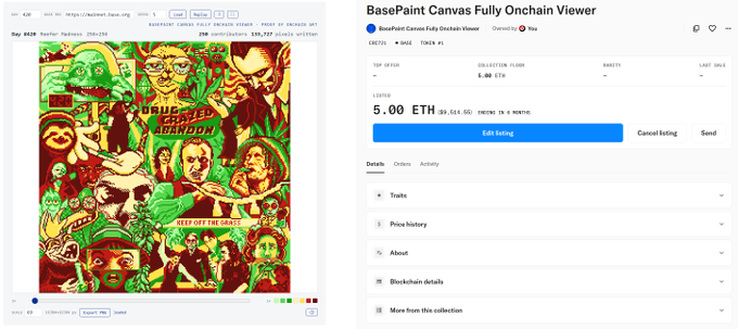 Screenshot of an NFT marketplace listing for 'BasePaint Canvas Fully Onchain Viewer' by BasePaint, showing a colorful pixel-art style digital artwork priced at 5.00 ETH with an 'Edit listing' button.