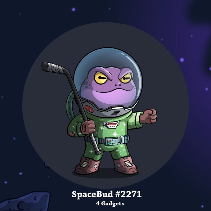 A digital character illustration of a grumpy-looking purple alien frog wearing a green spacesuit and holding a hockey stick, labeled 'SpaceBud #2271' with '4 Gadgets' against a starry purple space background.