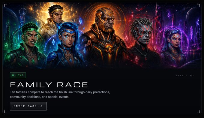 Promotional graphic for 'FAMILY RACE' featuring five fantasy/sci-fi character portraits against cosmic backgrounds, with text describing 'Ten families compete to reach the finish line through daily predictions, community decisions, and special events.'