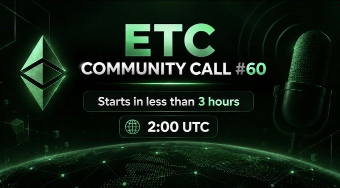 A promotional graphic for "ETC COMMUNITY CALL #60" starting at "2:00 UTC", featuring an Ethereum logo and a microphone.