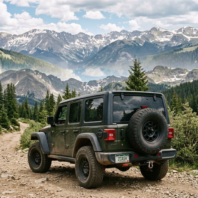 A dark green Jeep Wrangler is parked on a dirt road with a license plate reading 'ZCASH', set against a scenic mountain landscape with snow-capped peaks.