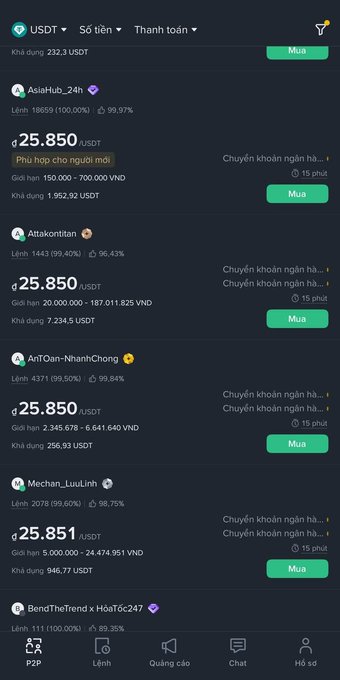 A Vietnamese cryptocurrency P2P trading app listing offers to buy USDT at approximately 25,850 VND from various sellers including AsiaHub_24h, Attakontlan, AnToan-NhanhChong, and Mechan_LuuLinh.