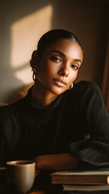 3: A portrait of a woman with dark hair pulled back, wearing a black ribbed sweater and gold hoop earrings, sitting near a window with warm lighting.