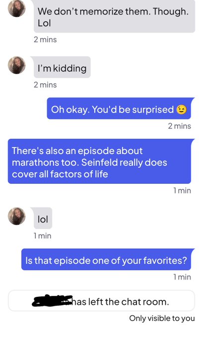 A text message conversation about Seinfeld episodes ends abruptly with a notification that a participant 'has left the chat room.'