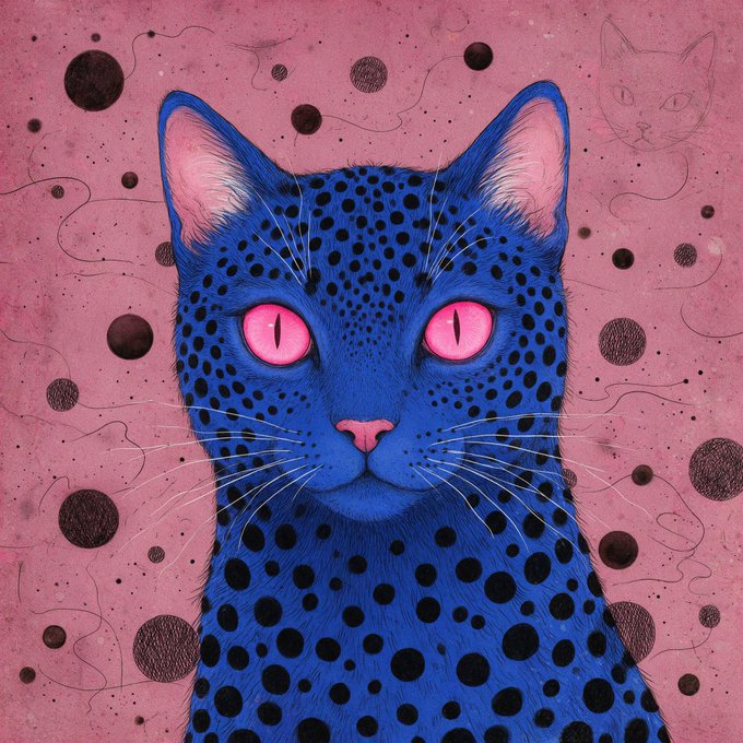 An illustration of a blue cat with black spots and bright pink eyes, set against a pink background with dark dots and a faint cat outline.