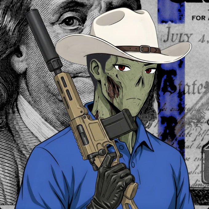An undead character wearing a white cowboy hat and blue polo shirt holds a rifle against a background featuring a Benjamin Franklin portrait and portions of a blue banknote.