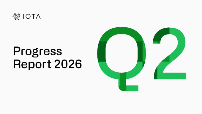 A graphic for the IOTA 'Progress Report 2026' displaying 'Q2' in large green pixelated letters on a light gray background.