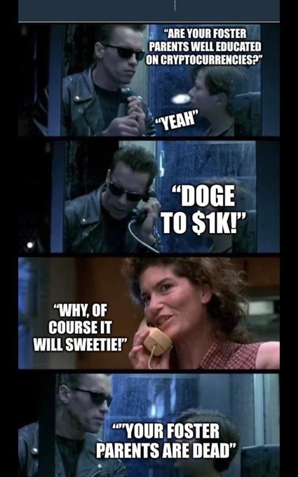 A movie meme with the Terminator character jokingly asking about crypto: 'Are your foster parents well educated on cryptocurrencies?' 'Doge to $1k!' 'Your foster parents are dead.'