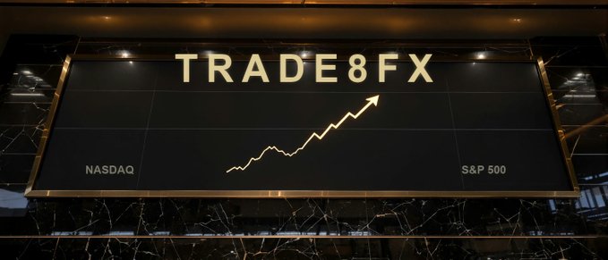 A lobby display featuring an illuminated 'TRADE8FX' sign above a digital stock chart showing a rising arrow, with 'NASDAQ' and 'S&P 500' labeled.
