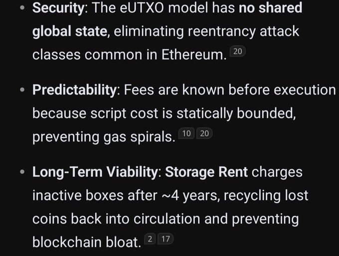 A black background with white text listing the advantages of the eUTXO model: Security (eliminating reentrancy attacks common in Ethereum), Predictability (static script costs preventing gas spirals), and Long-Term Viability (storage rent recycling inactive boxes after ~4 years).