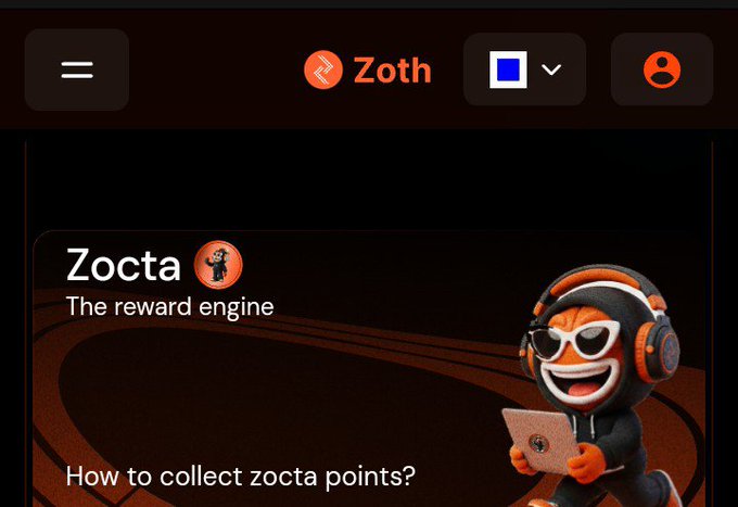 A Zoth interface displays the "Zocta – The reward engine" banner with the prompt "How to collect zocta points?" alongside a 3D mascot character wearing headphones and sunglasses. The image illustrates the second airdrop project from the post, Zoth, which has secured $21.5M in funding.