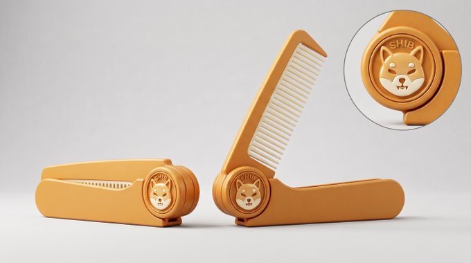 The image shows two orange foldable combs featuring a Shiba Inu dog face emblem with the text "SHIB" above it, with the right comb shown extended and the left one folded closed, cleverly merging a mundane grooming tool with Shiba Inu branding to symbolize how $SHIB cryptocurrency has blended into everyday life.