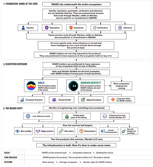 A detailed infographic explaining the WARD protocol ecosystem, outlining its foundation, ecosystem exposure through projects like Halo and Warden Buffett, and the bigger shift towards Warden 2.0 with focus on visibility, partners, chains, and products.