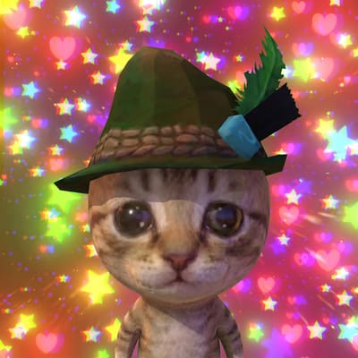 A 3D-rendered kitten wearing a green Tyrolean-style hat with a feather, set against a colorful, sparkly background filled with glowing hearts and stars.