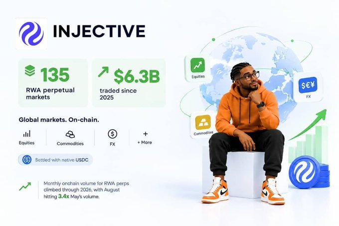 An Injective marketing image highlights '135 RWA perpetual markets' and '$6.3B traded since 2025,' showing a man in an orange hoodie sitting thoughtfully next to a globe with labels for Equities, Commodities, FX, and gold.