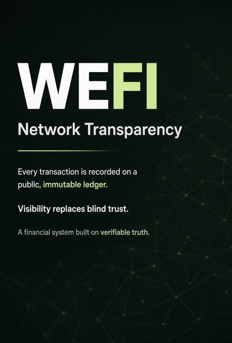 A promotional graphic for WEFI highlighting 'Network Transparency' with text stating that every transaction is recorded on a public, immutable ledger, and visibility replaces blind trust.