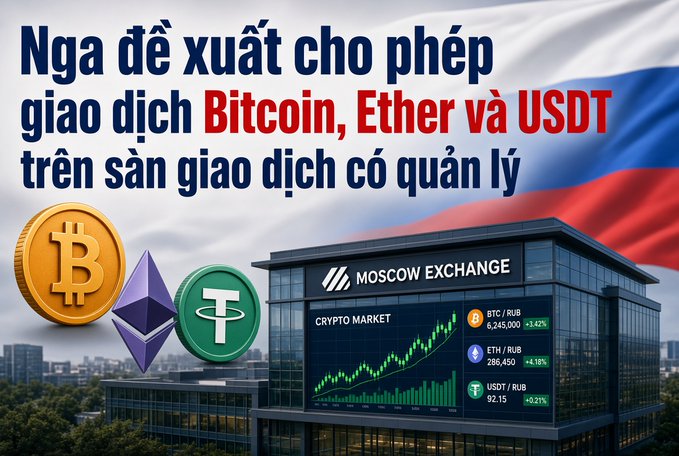 A Vietnamese news graphic stating "Nga đề xuất cho phép giao dịch Bitcoin, Ether và USDT trên sàn giao dịch có quản lý" alongside the Moscow Exchange building and a Russian flag, showing crypto prices in RUB.
