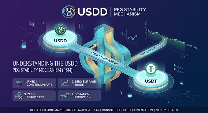 An infographic titled 'USDD PEG STABILITY MECHANISM' explaining the Peg Stability Mechanism (PSM) with features like 'FIXED 1:1 CONVERSION RATE' and 'ZERO SLIPPAGE TRADE' connecting USDD and USDT.