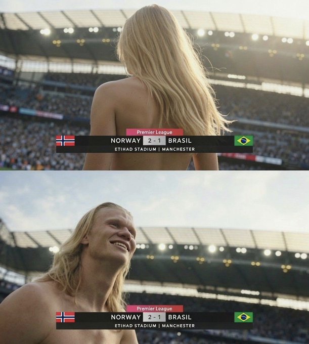 The image humorously plays on the "Expectation vs. Reality" format by showing two contrasting views of a blonde, shirtless man at Etihad Stadium: the "expectation" is a sensual woman from behind, while the "reality" reveals it's actually Erling Haaland, a male football player, following a Premier League match where Norway beat Brazil 2-1. The scoreboard reads "NORWAY 2-1 BRASIL" at Etihad Stadium, Manchester.
