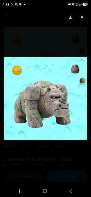 A mobile app screenshot displaying a 3D stone-like creature NFT on a sandy beach background, labeled 'lv27', with text showing '0.0014 WETH Best Offer' and '#4526 Rarity'.