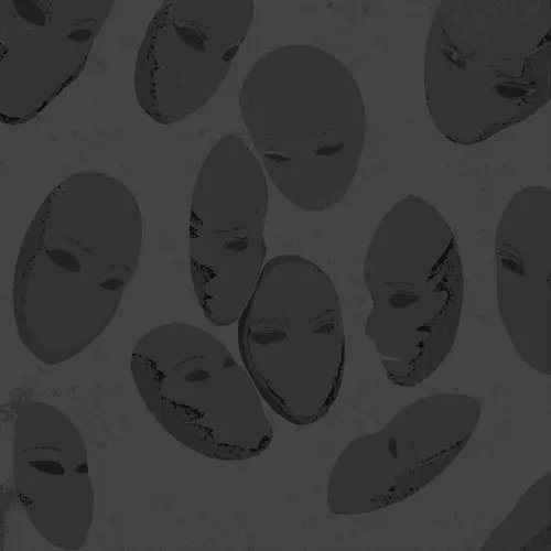 A dark gray patterned background featuring multiple faintly visible faces or masks arranged in a repeating motif.