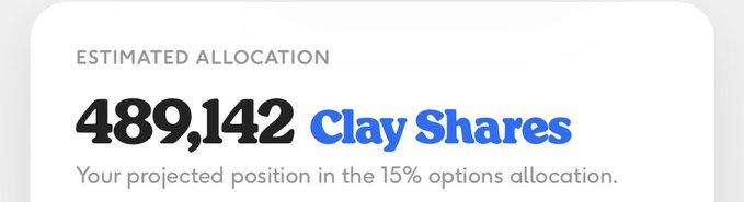 The image displays a card showing an "Estimated Allocation" of **489,142 Clay Shares**, described as the projected position in the 15% options allocation. This visual directly supports the post, illustrating the poster's calculated equity share of 0.0033% within Claynosaurz's 15% options allocation for Clay token holders.