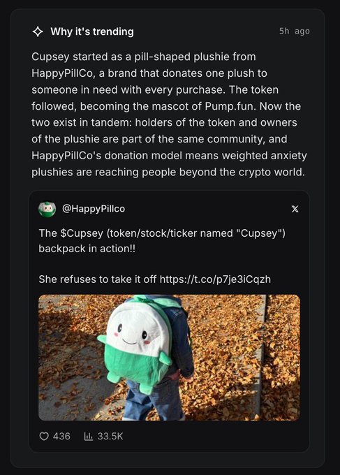 A PumpFun "Why it's trending" post highlights $Cupsey's rise from a HappyPillCo pill-shaped plushy to the platform's mascot, featuring @HappyPillCo's tweet showing the $Cupsey backpack in use with 436 likes and 33.5K views. The image reinforces the post's defense of the $Cupsey token by showcasing its real-world brand integration through the wearable plushy accessory.
