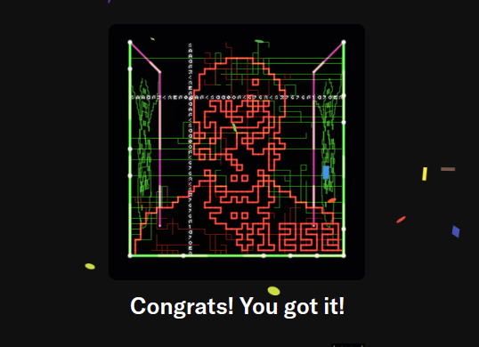 A pixelated graphic displaying a red and green wireframe structure with the text 'Congrats! You got it!' at the bottom.