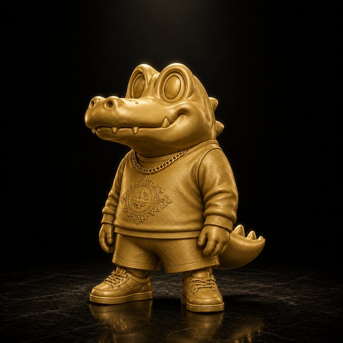 A 3D render of an anthropomorphic golden alligator or dinosaur figurine wearing a Versace Medusa-logo sweatshirt, shorts, a gold chain, and sneakers against a dark background.
