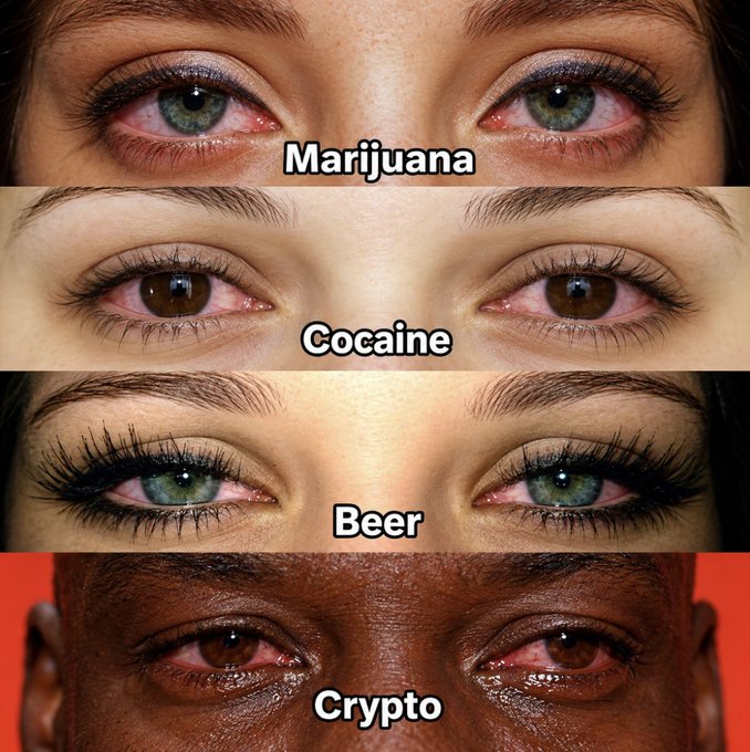 A meme showing four pairs of bloodshot eyes labeled 'Marijuana', 'Cocaine', 'Beer', and 'Crypto', humorously implying that cryptocurrency investing causes the most bloodshot eyes.