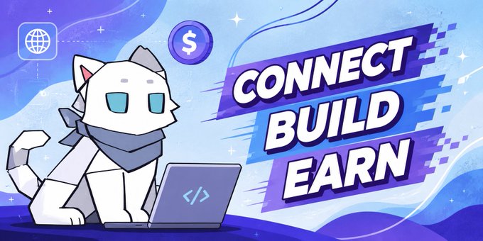 A digital illustration featuring a white cartoon cat wearing a blue scarf using a laptop, with the text 'CONNECT BUILD EARN' on a blue and purple background.