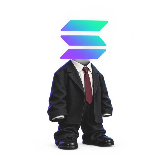 A figure in a black suit and red tie stands with the Solana logo (three stacked parallelograms in green-purple-blue gradient) as its head.