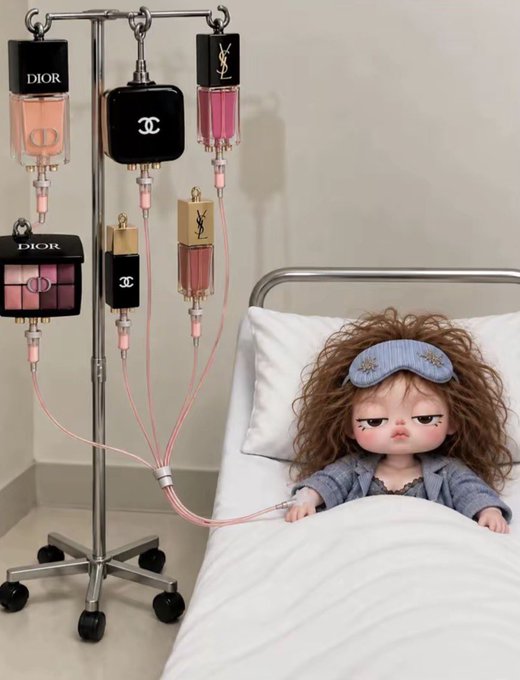 A humorous illustration of a doll in a hospital bed wearing a sleep mask, connected via IV tubes to designer brand bottles (Dior, Chanel, YSL) displayed on a medical IV stand.