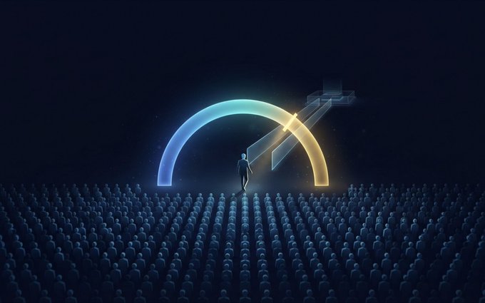A digital artwork featuring a single silhouetted figure standing beneath a glowing, multi-colored arch and geometric shapes, facing a vast crowd of dark figures.