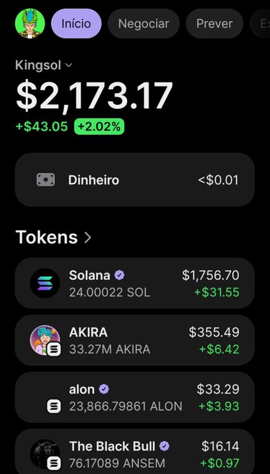 A cryptocurrency wallet app screenshot showing a total balance of $2,173.17 (+2.02%), with holdings including Solana ($1,756.70), AKIRA ($355.49), alon ($33.29), and The Black Bull ($16.14).