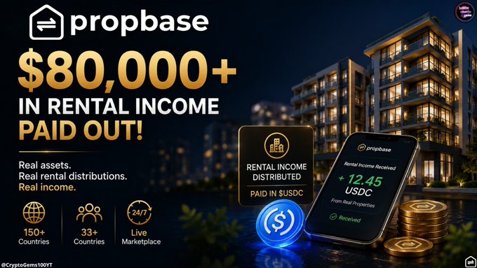 A promotional advertisement for "propbase" highlighting over $80,000 in rental income paid out, featuring rental properties, USDC tokens, and stats including 150+ countries and 33+ countries.