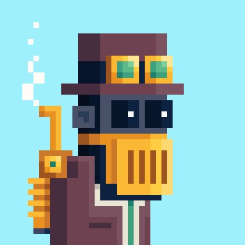 A pixel art character resembling a steampunk minion with a brown hat, goggles, and a smoking pipe, set against a light blue background.
