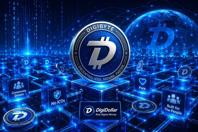 A promotional graphic for the Digibyte cryptocurrency, featuring its 'D' logo and the tagline 'DECENTRALIZED. SECURE. FASTER.', alongside Bitcoin imagery and icons highlighting 'Community Driven', 'No ICOs', 'Pure', 'DigiDollar Real Digital Money', and 'Built for The People'.