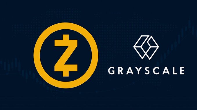 A bold yellow Zcash (ZEC) "Z" logo sits on the left, paired with the white Grayscale logo on the right, set against a dark blue background featuring subtle world map outlines and candlestick chart patterns—visually highlighting Grayscale's role as a key institutional gateway amid Zcash's historic rally past $1,000.
