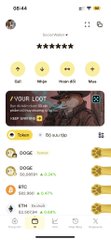 Image 10: A mobile app screenshot of a crypto gaming app called 'YOUR LOOT' showing user ratings, token values for DOGE, TRX, BTC, and ETH, along with various in-game items.