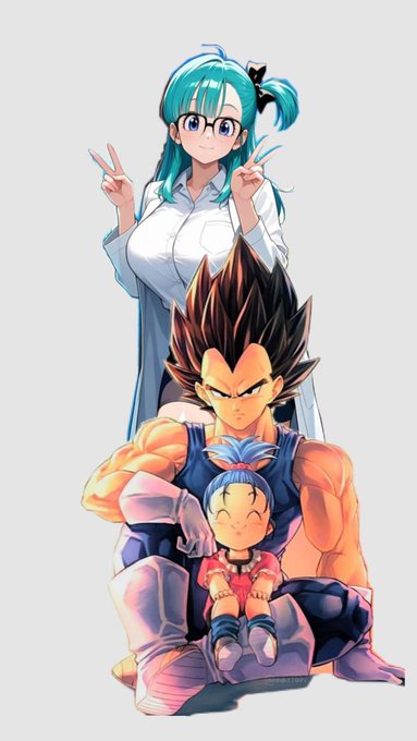 An anime-style illustration featuring a blue-haired woman with glasses making peace signs standing behind a muscular male character and a small blue-haired child sitting on his lap.