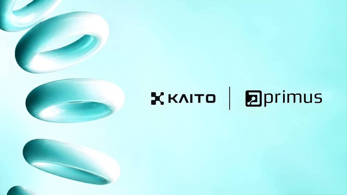 A promotional graphic features floating teal rings on a light blue background with the logos 'KAITO' and 'primus' displayed in black.