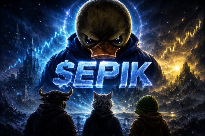 A cinematic poster titled '$EPIK' featuring an intimidating duck-like character in a hood with glowing blue eyes, surrounded by trading charts, with three figures (bull, wolf, and frog with a beanie) facing it from below.