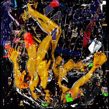 A vibrant abstract painting features a yellow contorted figure with outstretched arms against a chaotic black background with colorful paint splatters.