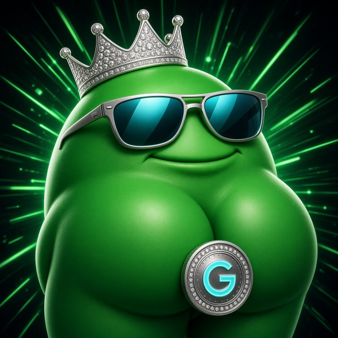 A cartoonish green blob character wearing a silver jeweled crown and dark sunglasses poses confidently against a green radial burst background, featuring a diamond-encrusted medallion with the letter "G" — playing on the "gooch club" meme by personifying the "G" as a smug, regal mascot welcoming new members.