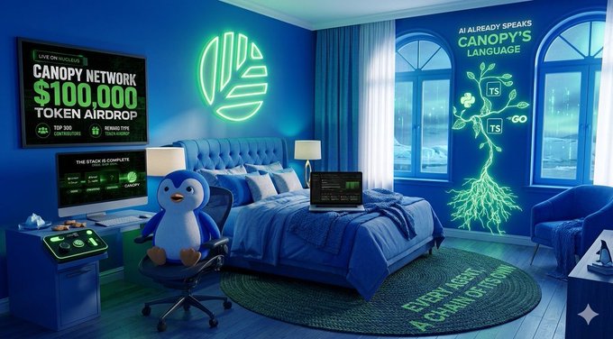 The image features a bedroom with blue walls and a bed covered in a blue comforter. A penguin plush toy sits on top of the bed. The room also contains a desk, chair, and monitor, suggesting that this space could be used for work or study as well. In front of the bed is a large screen TV displaying an advertisement for a project called @CNPY Network. This project aims to help developers create their own chains without having to reinvent the wheel every time they want to launch something new. The room also has a poster on the wall that says "All interesting projects are competing for attention. Some are quietly working on the foundations."
